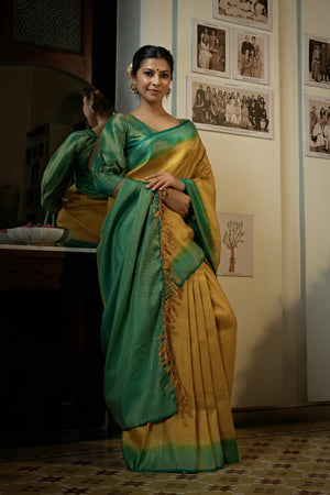 Canary Yellow Golden Zari Kanjeevaram Silk Saree - House of Vardha