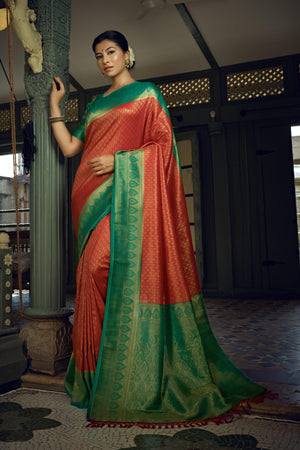 Crimson Red Golden Zari Kanjeevaram Silk Saree - House of Vardha