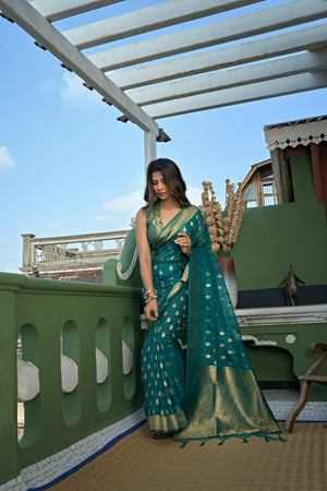 Teal Blue Golden Zari Banarasi Organza Saree | House of Vardha