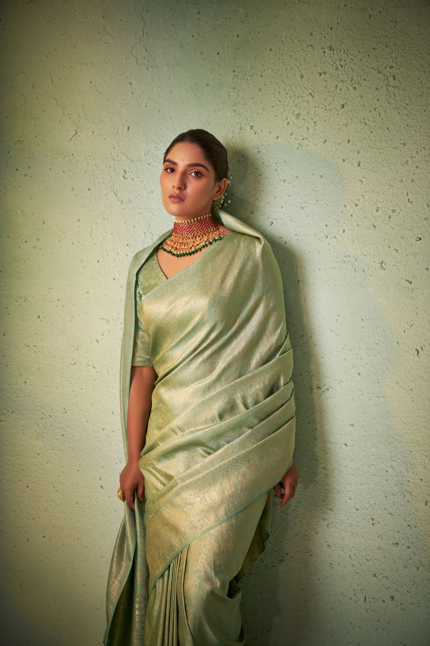 Moss Green Gold Zari Kanjeevaram Silk Saree