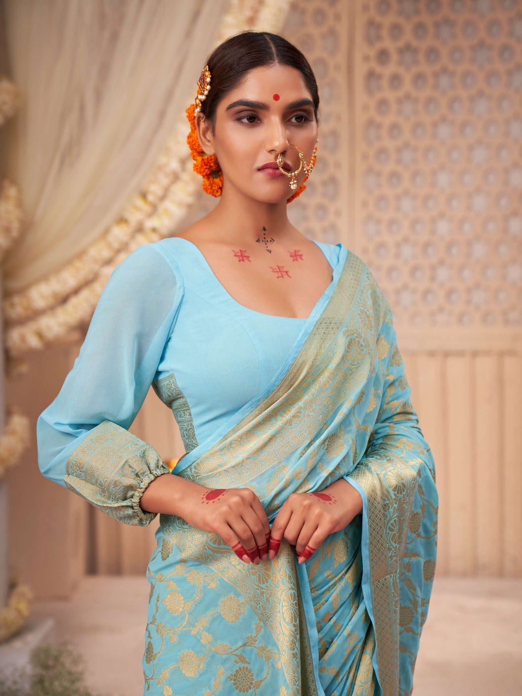 Buy Blue Saree Organza Hand Embroidered Pre-stitched Ruffle With Blouse For  Women by Ariyana Couture Online at Aza Fashions.