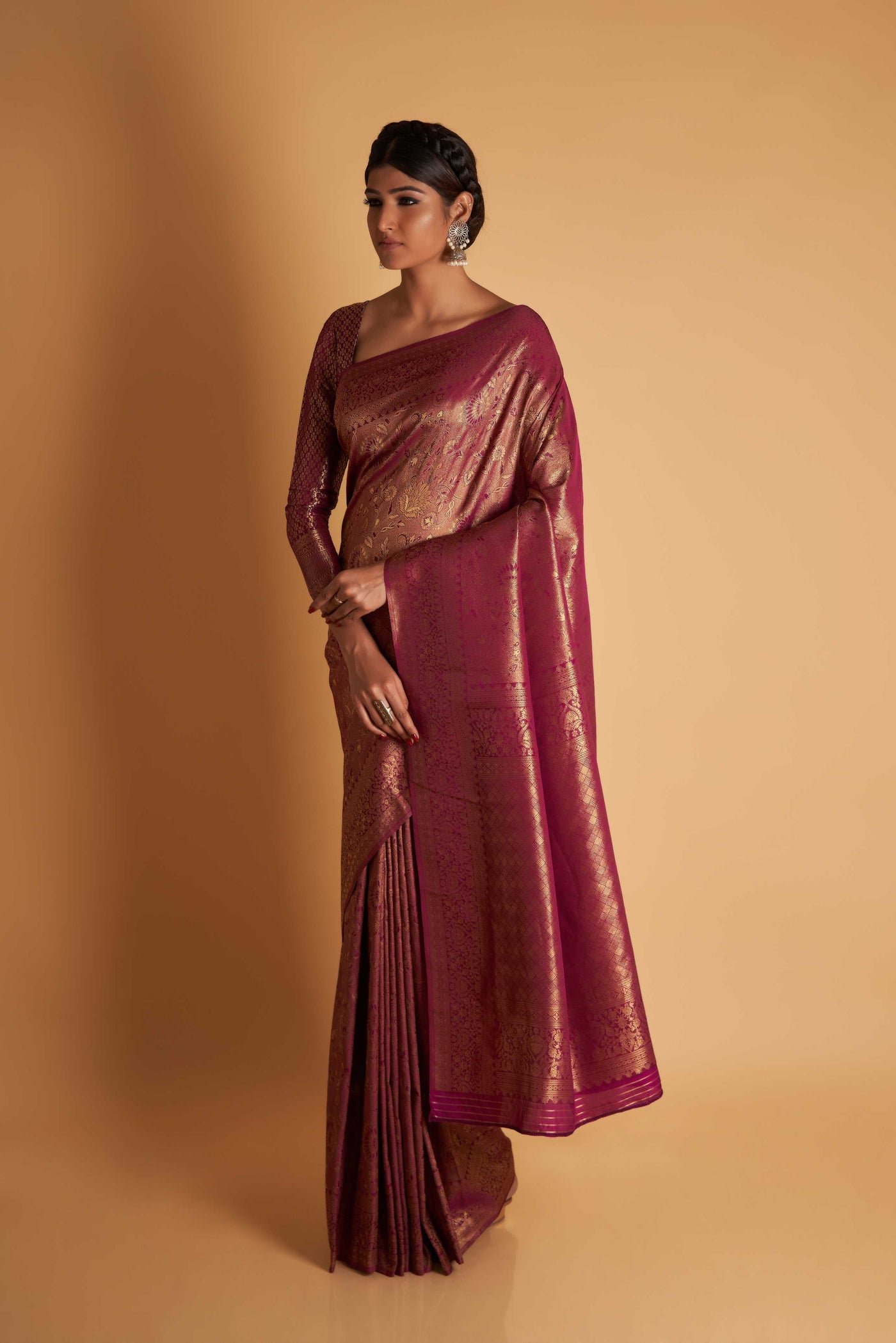 Wine Gold Copper Silver Zari Kanjeevaram Saree