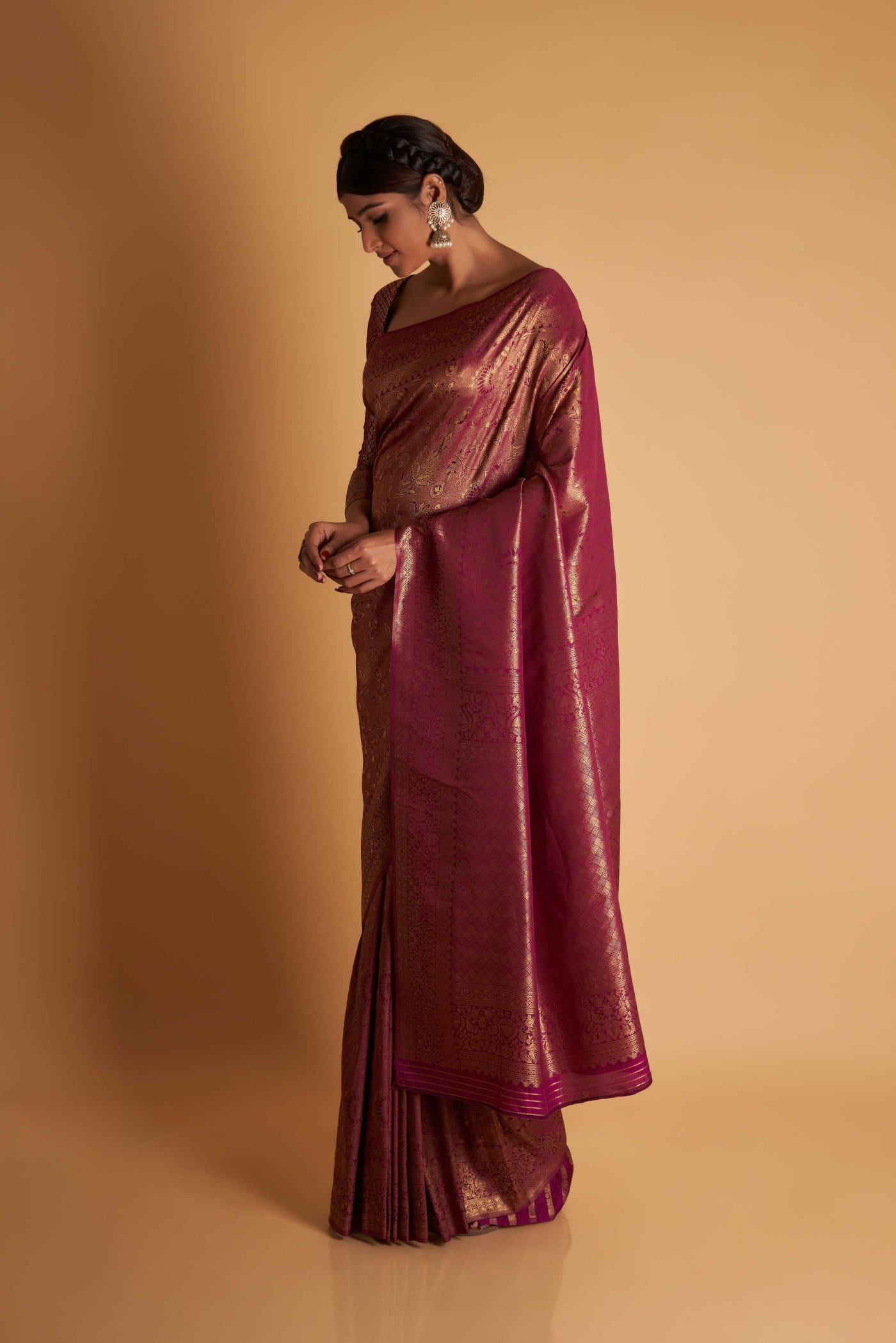 Wine Gold Copper Silver Zari Kanjeevaram Saree